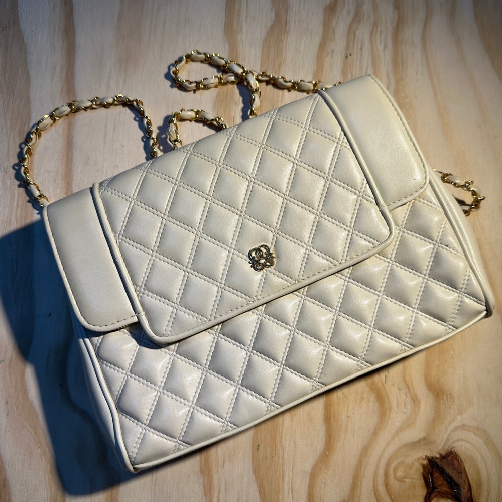 Daniella Bag Cream Quilted Gold Chain Strap Shoulder Bag Small Floral Emblem